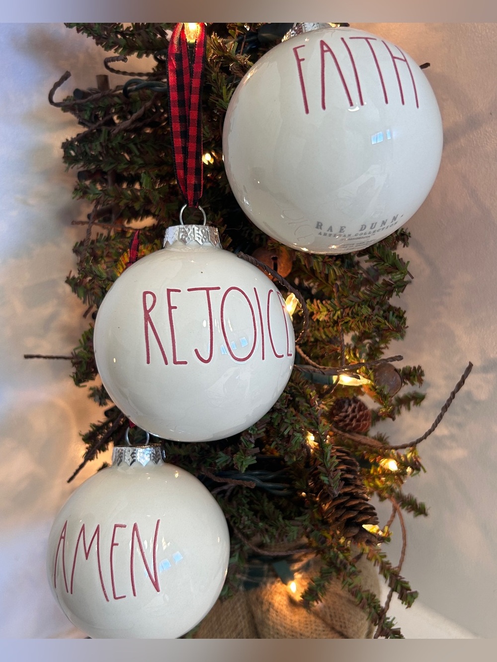 Rae Dunn Christmas Ornaments - set of 3 Ceramic “Rejoice, Faith, Amen”